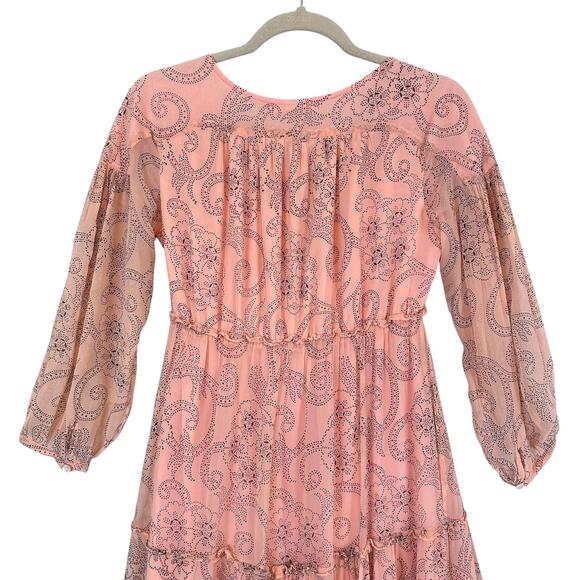 Banjanan Peach Paisley Boho Maxi Dress Sheer Tiered Lined Viscose S Cottagecore - Picture 7 of 14